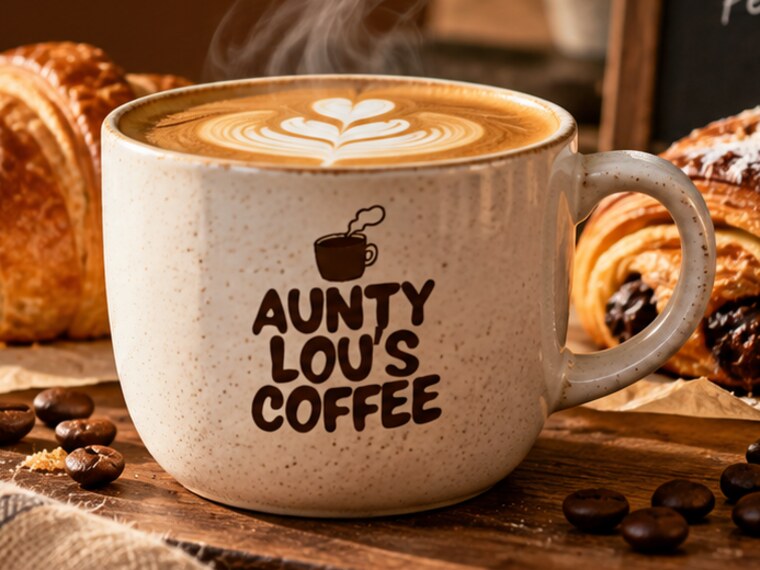 Latte with heart art in a speckled Aunty Lou's mug