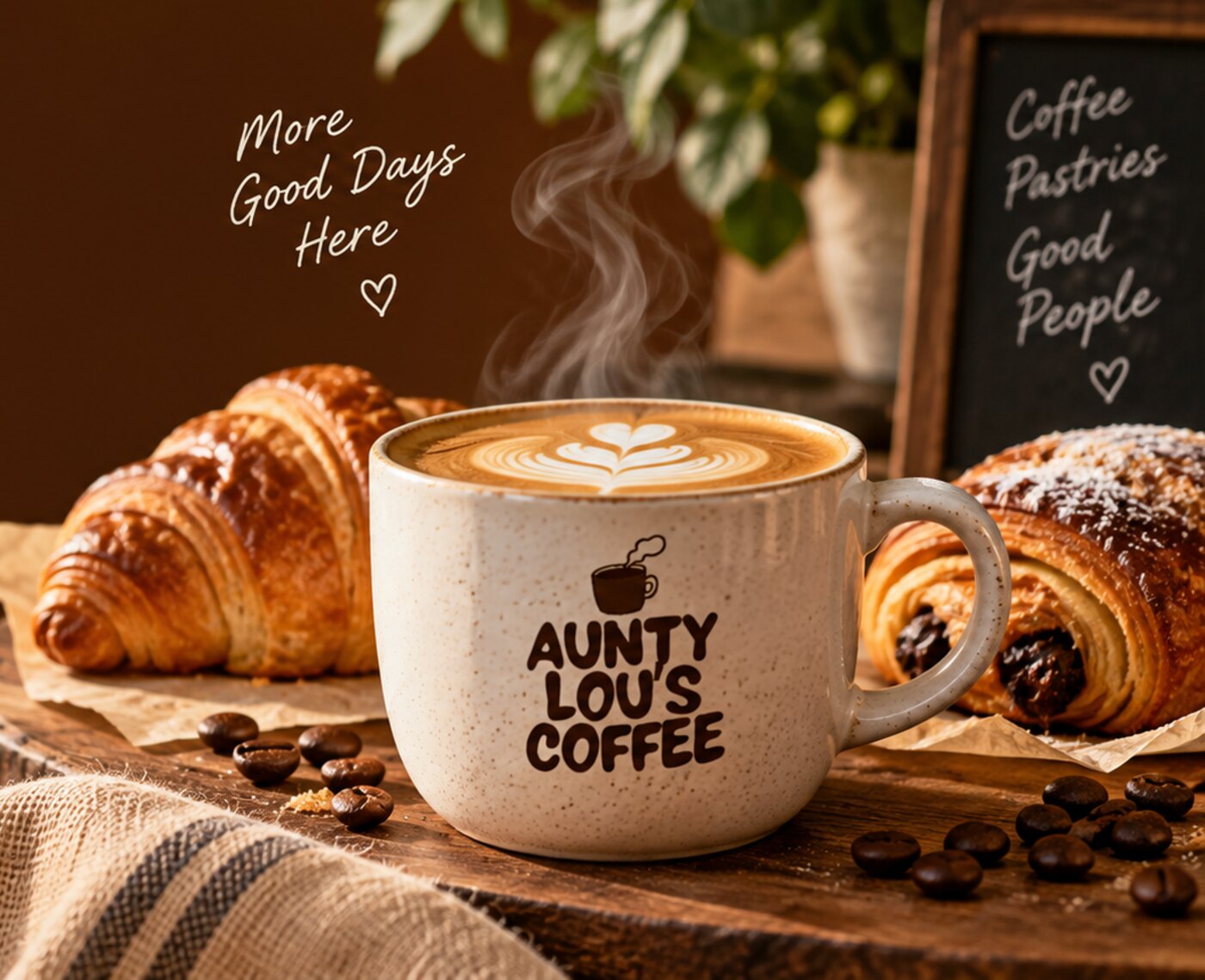 A latte in an Aunty Lou's mug beside fresh croissants and coffee beans